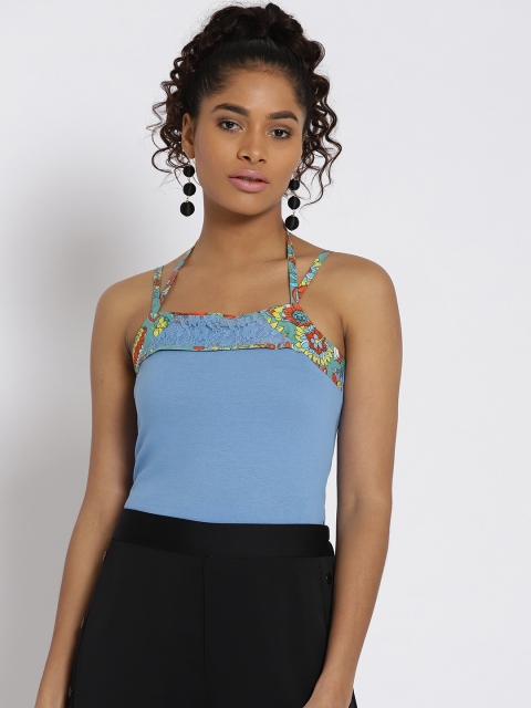 

Noi Women Blue Solid Pure Cotton Top