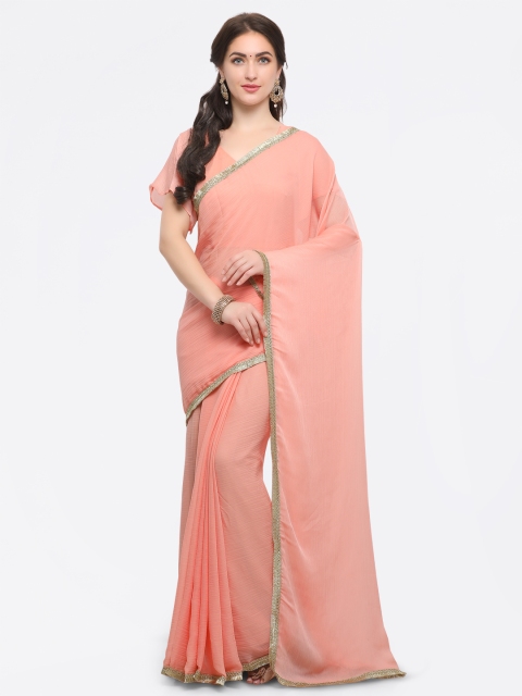 

Inddus Peach-Coloured Solid Poly Chiffon Saree