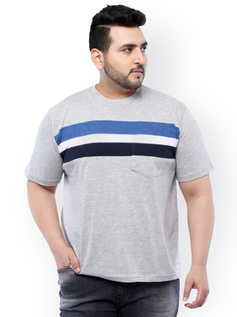 

John Pride Plus Size Men Grey Striped Round Neck T-shirt