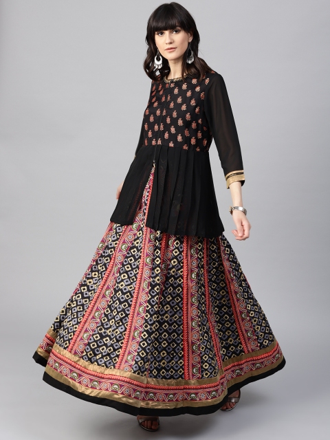 

Rain & Rainbow Black & Orange Printed Maxi Flared Pure Cotton Skirt
