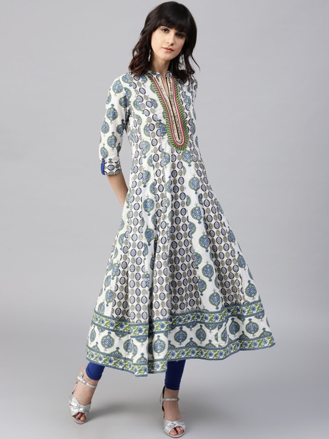

Rain & Rainbow Women White & Blue Printed Anarkali Kurta
