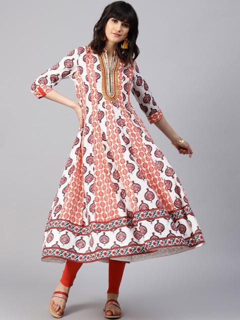 

Rain & Rainbow Women White & Red Printed Anarkali Kurta