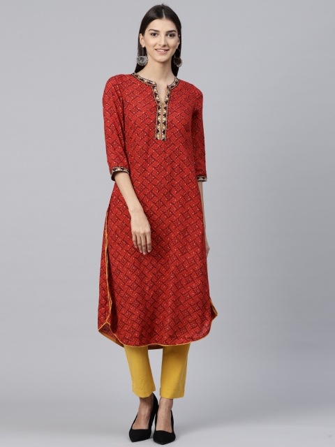 

Rain & Rainbow Women Red & Burgundy Printed Straight Kurta
