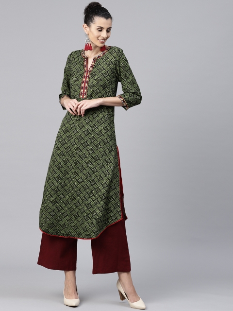 

Rain & Rainbow Women Green & Black Printed A-Line Kurta