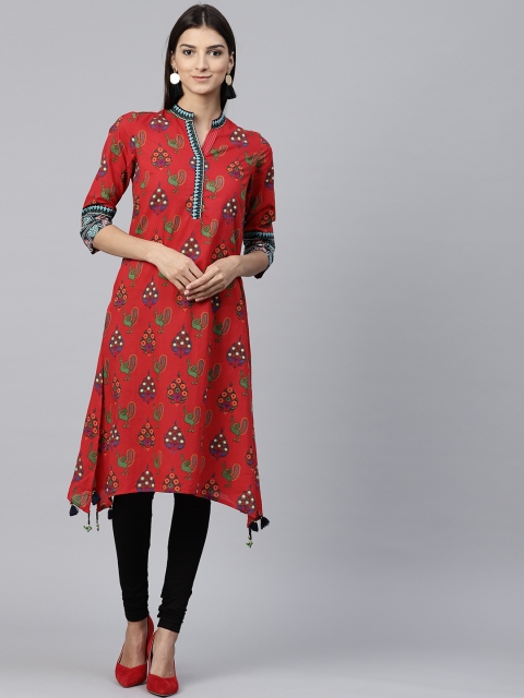 

Rain & Rainbow Women Red & Green Printed Asymmetric A-Line Kurta