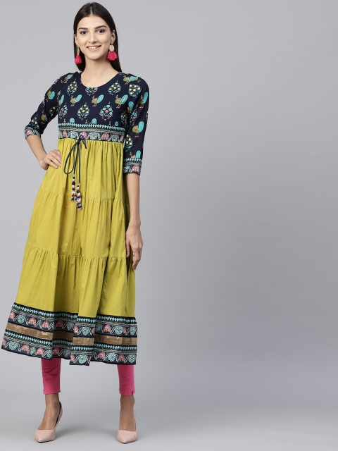 

Rain & Rainbow Women Green & Navy Blue Printed Tiered Anarkali Kurta