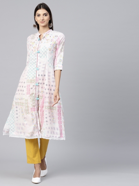 

Rain & Rainbow Women White & Pink Printed A-Line Kurta