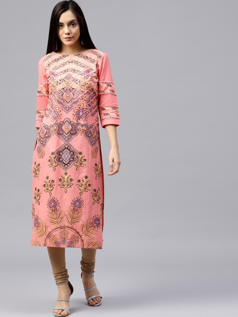 

Rain & Rainbow Women Coral Pink & Purple Printed Straight Kurta