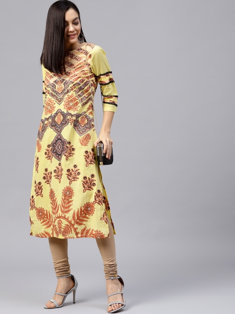 

Rain & Rainbow Women Yellow & Rust Orange Printed Straight Kurta