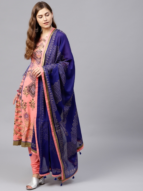 

Rain & Rainbow Women Peach-Coloured & Navy Blue Printed Kurta with Churidar & Dupatta