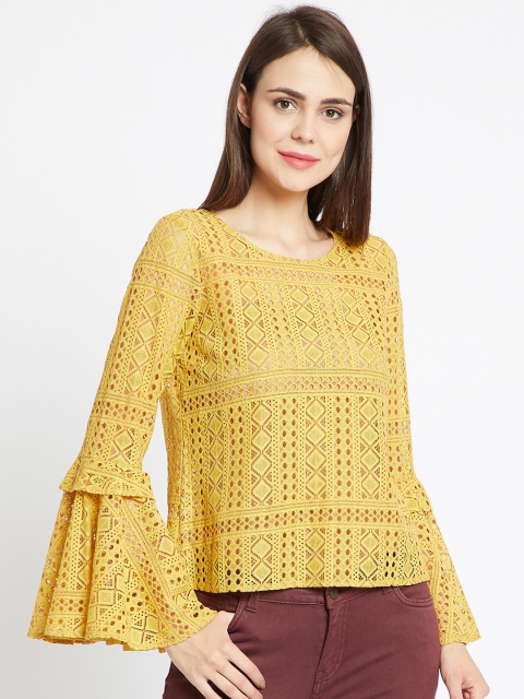 

COVER STORY Women Mustard Self Design Top