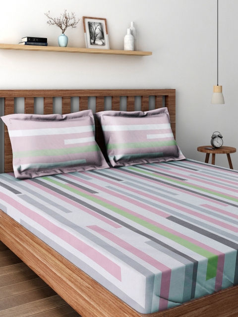 

SPACES Pink & Grey Striped Flat 180 TC Cotton 1 Queen Bedsheet with 2 Pillow Covers