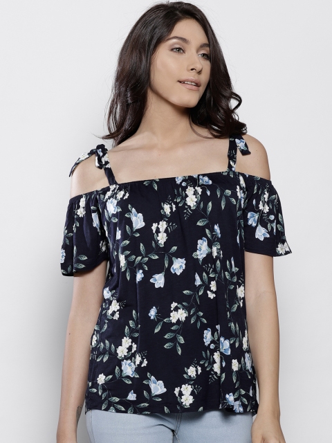 

DOROTHY PERKINS Women Navy Blue Floral Print Bardot Top