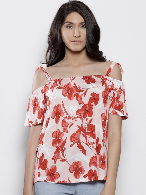 

DOROTHY PERKINS Women Peach-Coloured & Red Floral Print Bardot Top