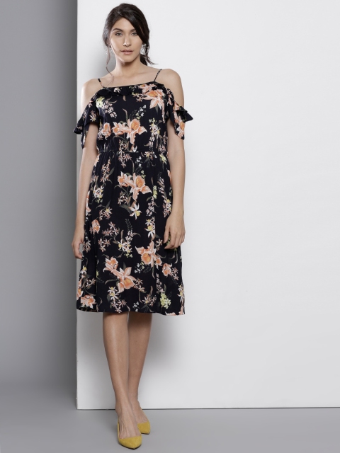

DOROTHY PERKINS Women Navy & Orange Printed Fit & Flare Dress, Navy blue