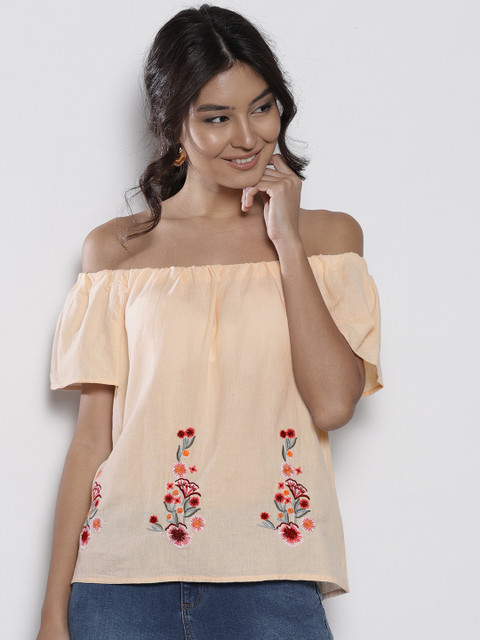 

DOROTHY PERKINS Women Peach-Coloured Embroidered Bardot Top