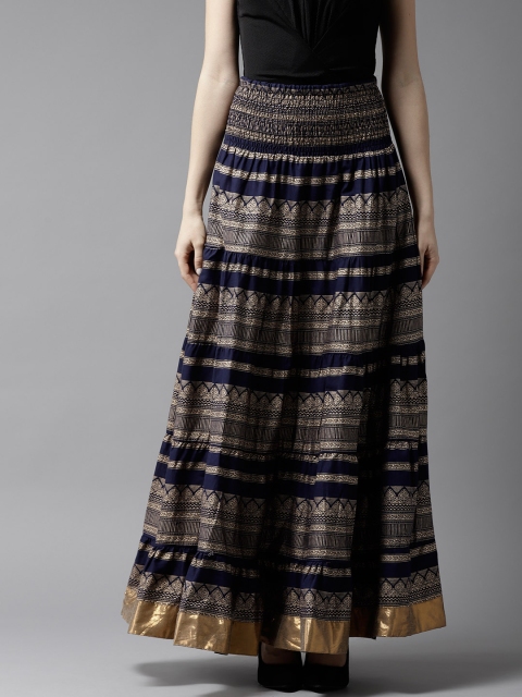 

HERE&NOW Women Navy Blue & Golden Printed Maxi Tiered Skirt