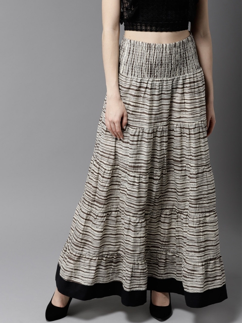 

HERE&NOW Women Grey Striped Maxi Tiered Pure Cotton Skirt