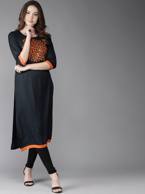 

HERE&NOW Women Navy Blue Yoke Design Straight Kurta