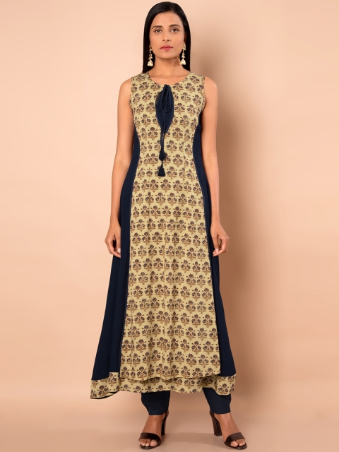 

INDYA Women Navy Blue & Beige Printed A-Line Layered Kurta