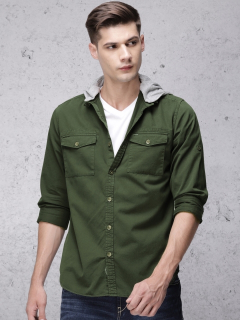 

Ecko Unltd Men Olive Green Slim Fit Solid Hooded Casual Shirt