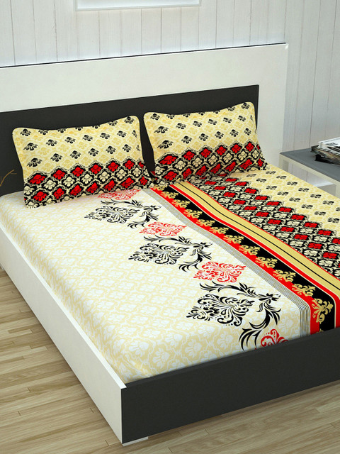 

Divine Casa Beige & Black Floral Flat 144 TC Cotton 1 Extra Large Bedsheet with 2 Pillow Covers