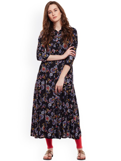

Tissu Women Black Printed A-Line Kurta