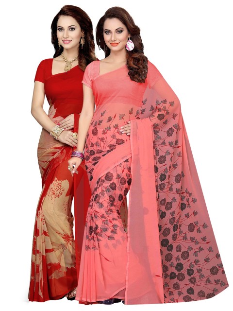 

Ishin Selection of 2 Red & Pink Poly Georgette Printed Sarees