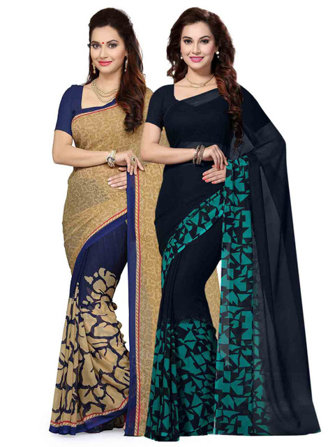 

Ishin Selection of 2 Beige & Blue Poly Georgette Printed Sarees