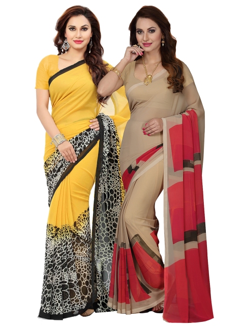 

Ishin Selection of 2 Yellow & Beige Poly Georgette Printed Sarees