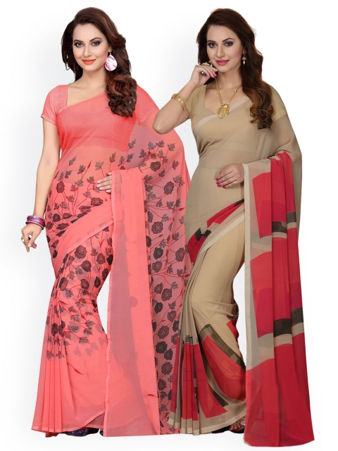 

Ishin Combo of 2 Faux Georgette Peach & Beige Printed Women's Sarees