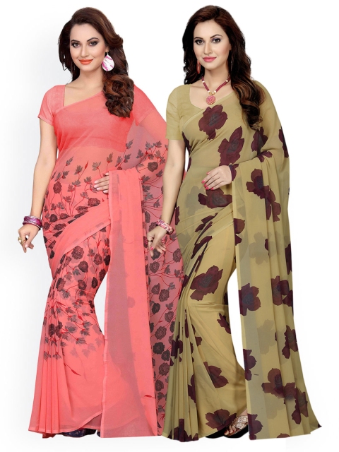 

Ishin Combo of 2 Faux Georgette Peach & Beige Printed Women's Sarees