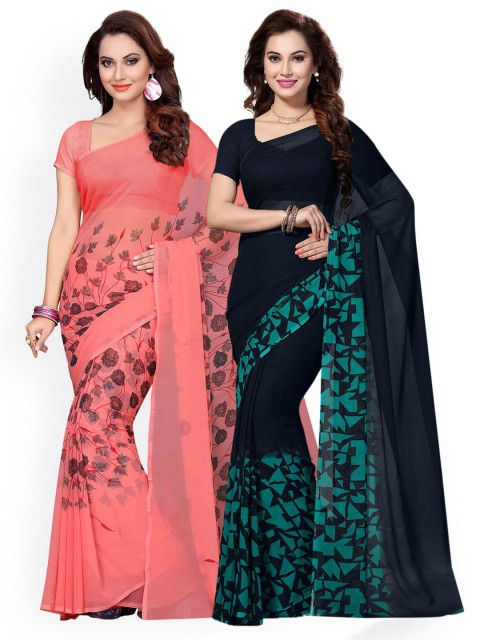 

Ishin Combo of 2 Faux Georgette Peach & Blue Printed Women's Sarees