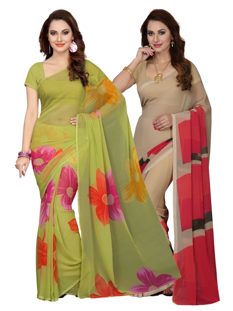 

Ishin Selection of 2 Green & Beige Poly Georgette Printed Sarees