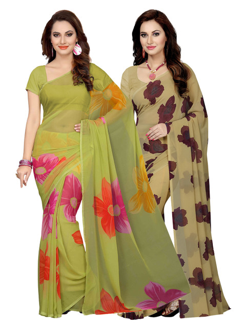 

Ishin Selection of 2 Green & Beige Poly Georgette Printed Sarees
