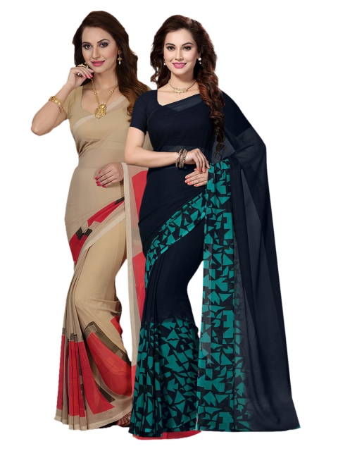 

Ishin Selection of 2 Beige & Blue Poly Georgette Printed Sarees
