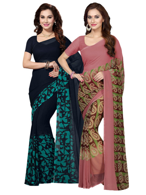 

Ishin Selection of 2 Beige & Blue Poly Georgette Printed Sarees