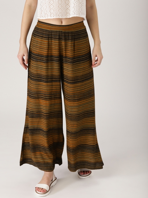 

Libas Women Olive Green & Rust Brown Striped Wide Leg Palazzos