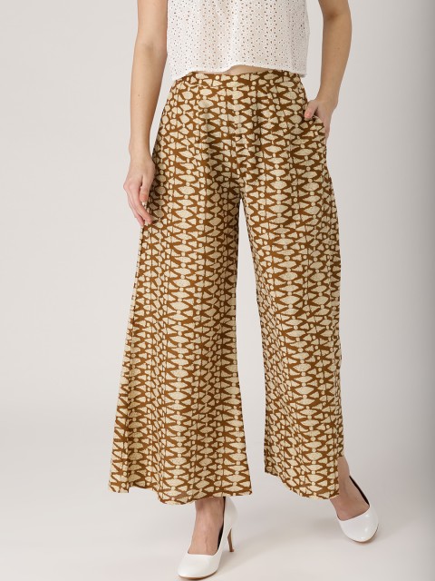 

Libas Women Brown & Cream-Coloured Printed Wide Leg Palazzos