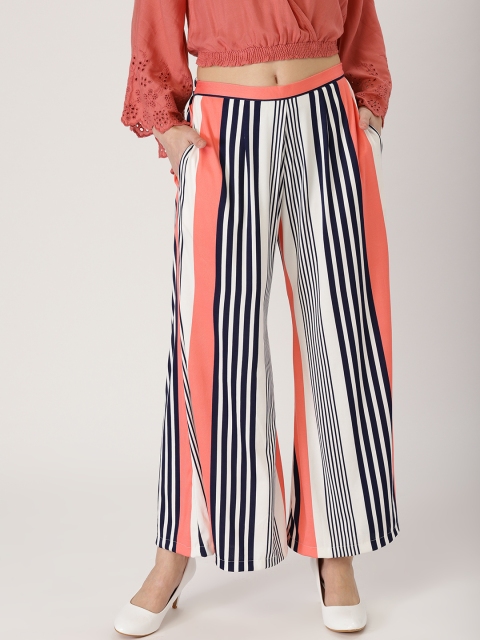 

Libas Women Peach-Coloured & White Striped Wide Leg Palazzos