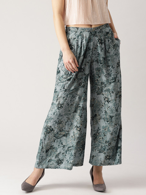 

Libas Women Grey & Green Floral Print Flared Palazzos