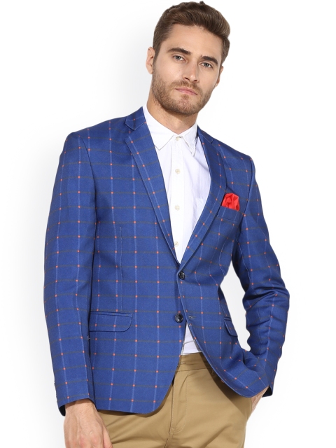 

Hangup Men Blue & Coral Checked Single-Breasted Slim Fit Blazer