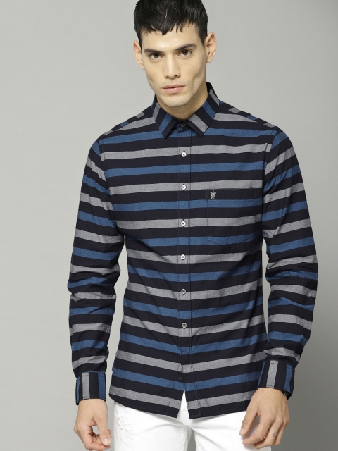 

French Connection Men Black & Blue Slim Fit Striped Casual Shirt