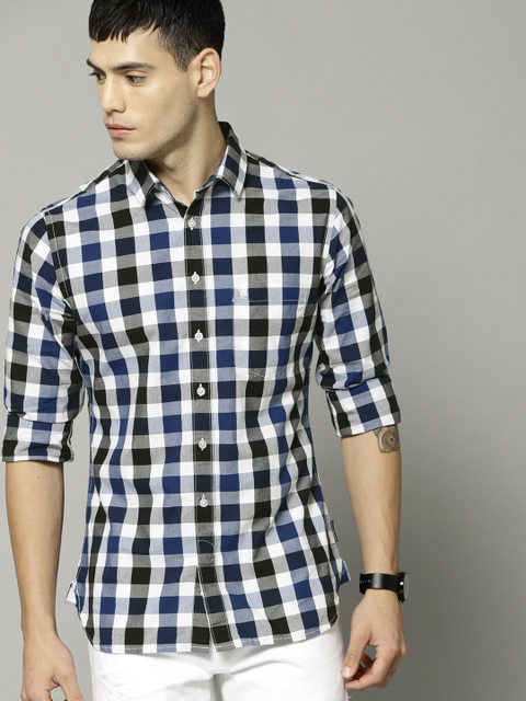 

French Connection Men Blue & White Slim Fit Checked Casual Shirt