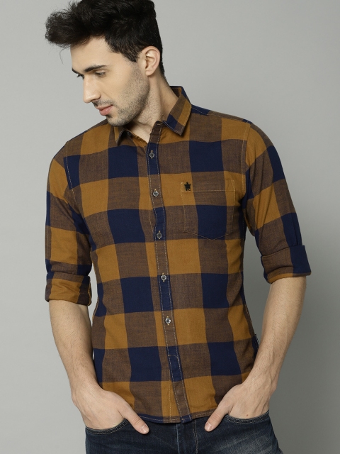 

French Connection Men Navy Blue & Mustard Brown Slim Fit Checked Casual Shirt