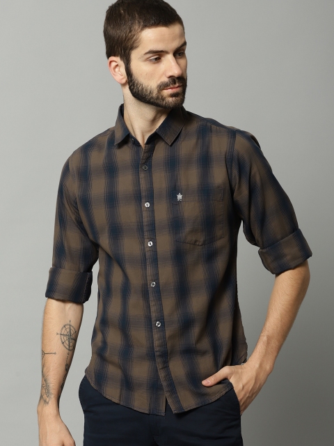 

French Connection Men Olive Brown & Navy Blue Checked Casual Shirt