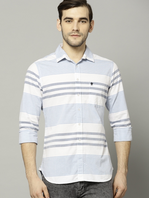 

French Connection Men White & Blue Slim Fit Striped Casual Shirt
