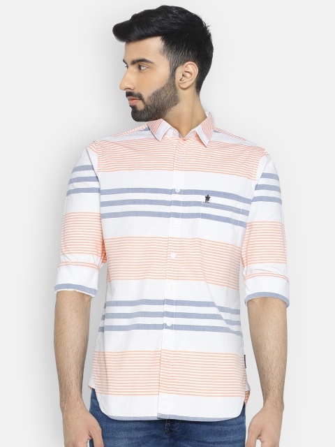 

French Connection Men White & Orange Slim Fit Striped Casual Shirt