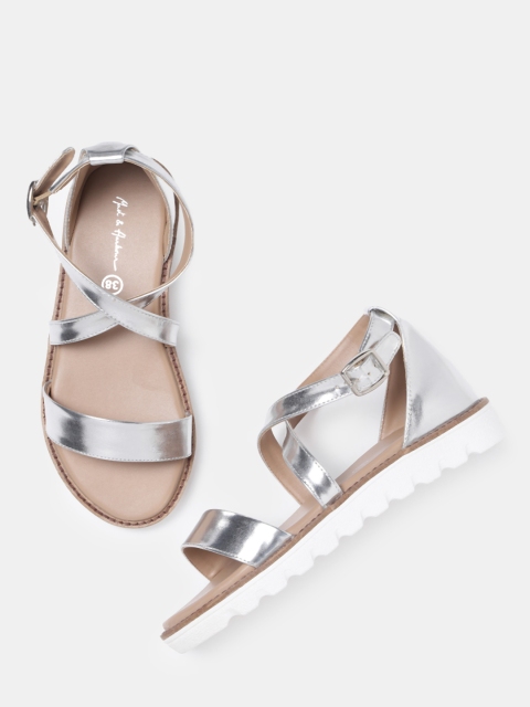 

Mast & Harbour Women Silver-Toned Solid Open Toe Flats