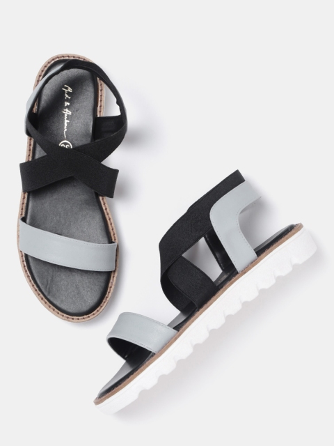 

Mast & Harbour Women Grey & Black Colourblocked Open Toe Flats